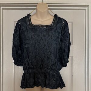 Democracy Blue  Textured Square-Neck Peplum Top with Crochet Trim